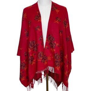 Vintage Descours Paris Royal Soft‎ Red Floral Rose Print Fringe Wrap Shawl Scarf